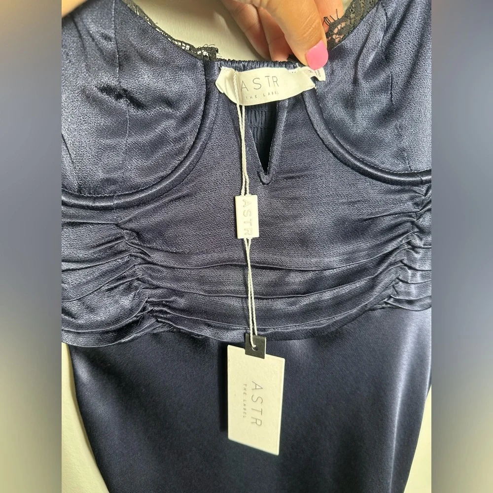 NEW Astr Aeris Satin Lace Trim Maxi Dress Navy Sz Medium Bustier Corset Feminine - Picture 8 of 17